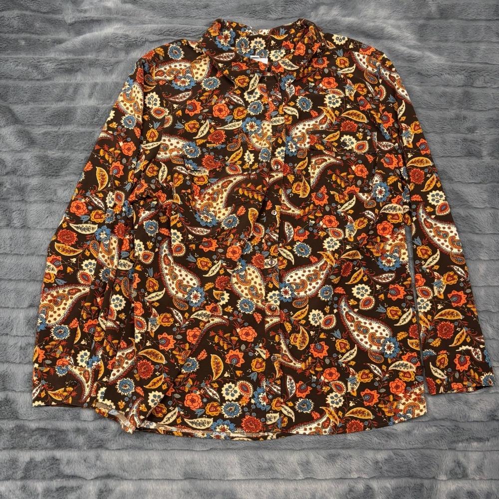 Denim & Co Womens 1X Paisley Floral Button Down Shirt Brown Long Sleeve Blouse